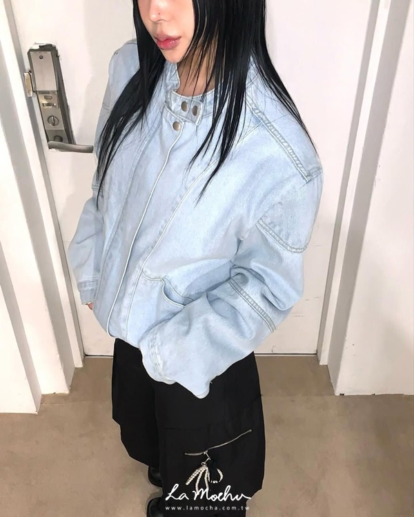 騎士感落肩斜口袋牛仔外套